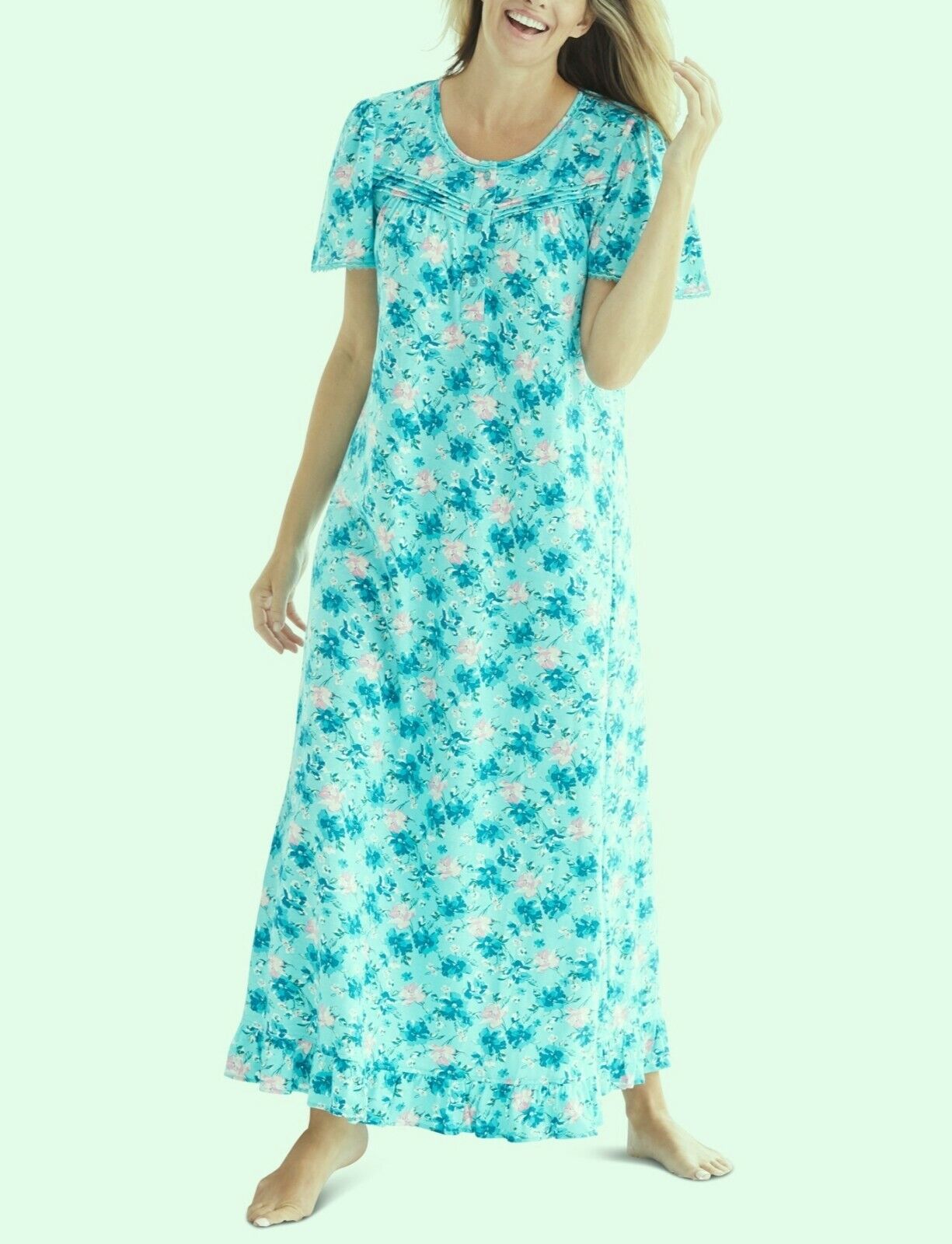 Dreams & Co. Plus Size Petite Caribbean Blue Long Cotton Knit Nightgown Sz 1X