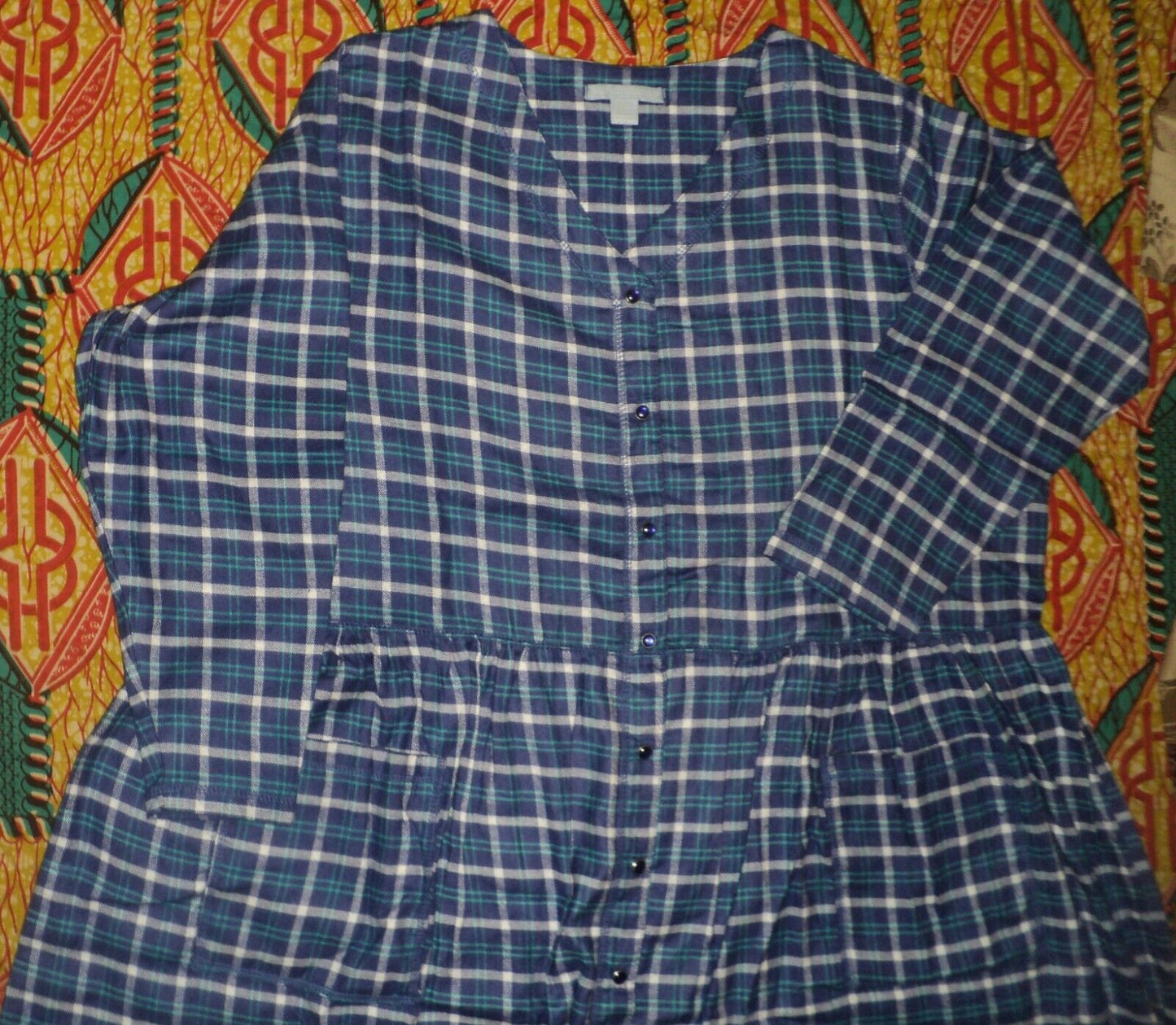 Only Necessities Plus Size Blue Sapphire Plaid Flannel Snap-Front Lounger Sz 4X