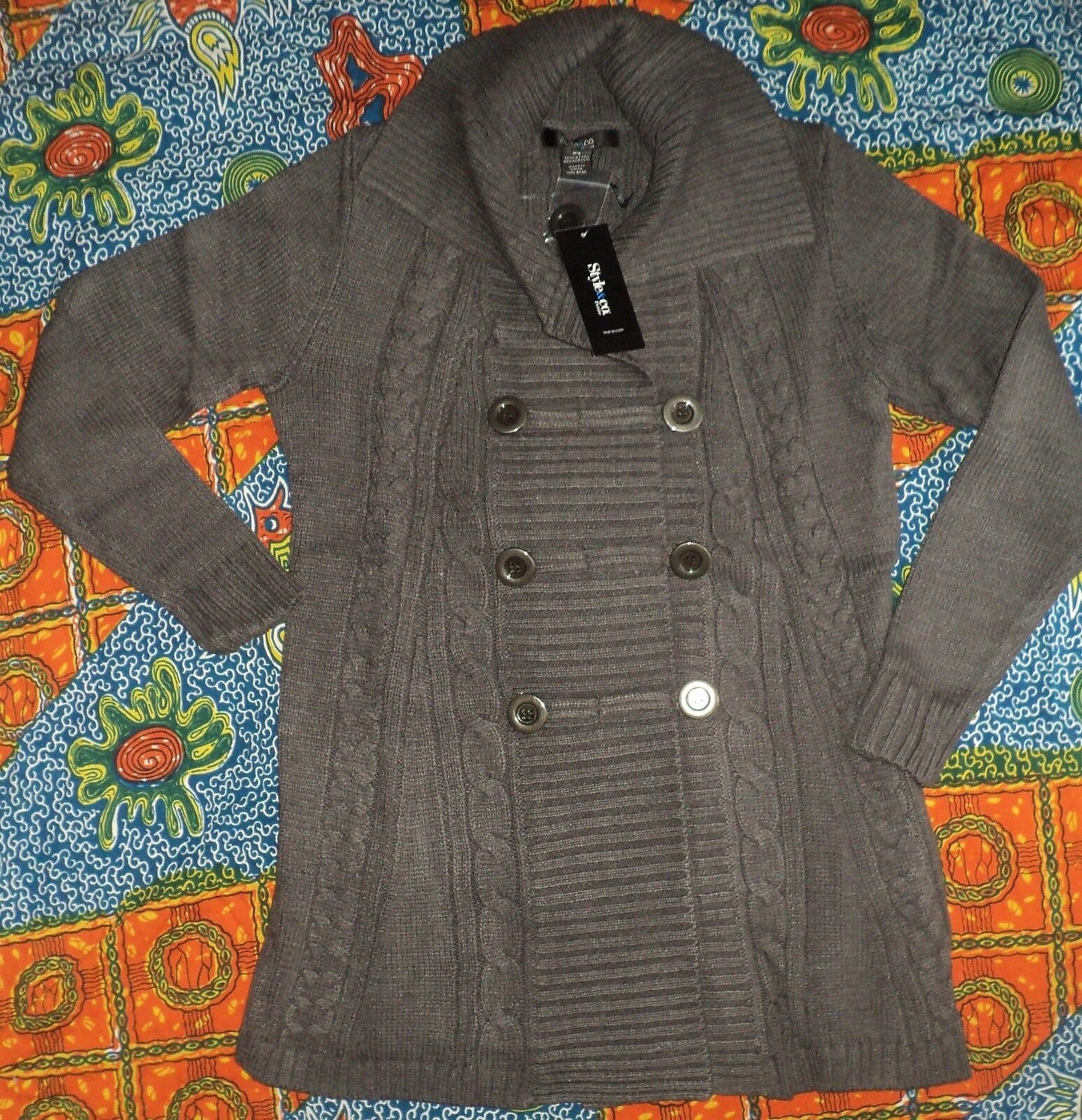 Style & Co. Charcoal Long-Sleeve Cable-Knit Sweater Cardigan Size PS
