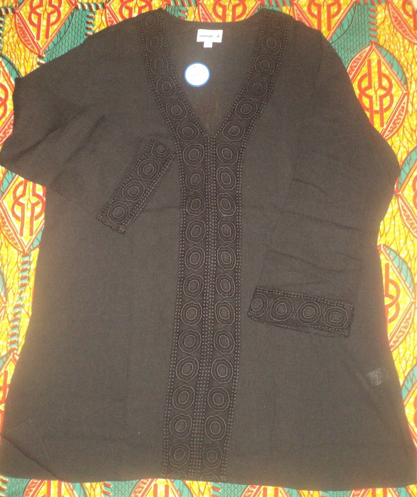 Plus Size Black Long Sleeves Crochet-Trimmed Gauze Swim Cover-up Size 38/40