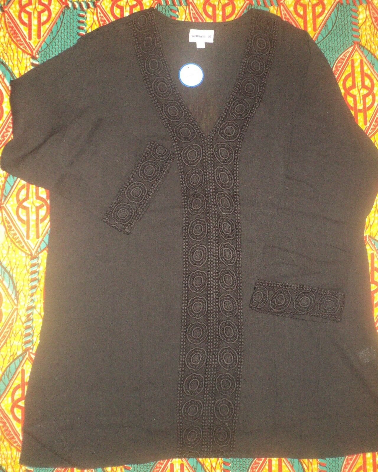 Plus Size Black Long Sleeves Crochet-Trimmed Gauze Swim Cover-up Size 38/40