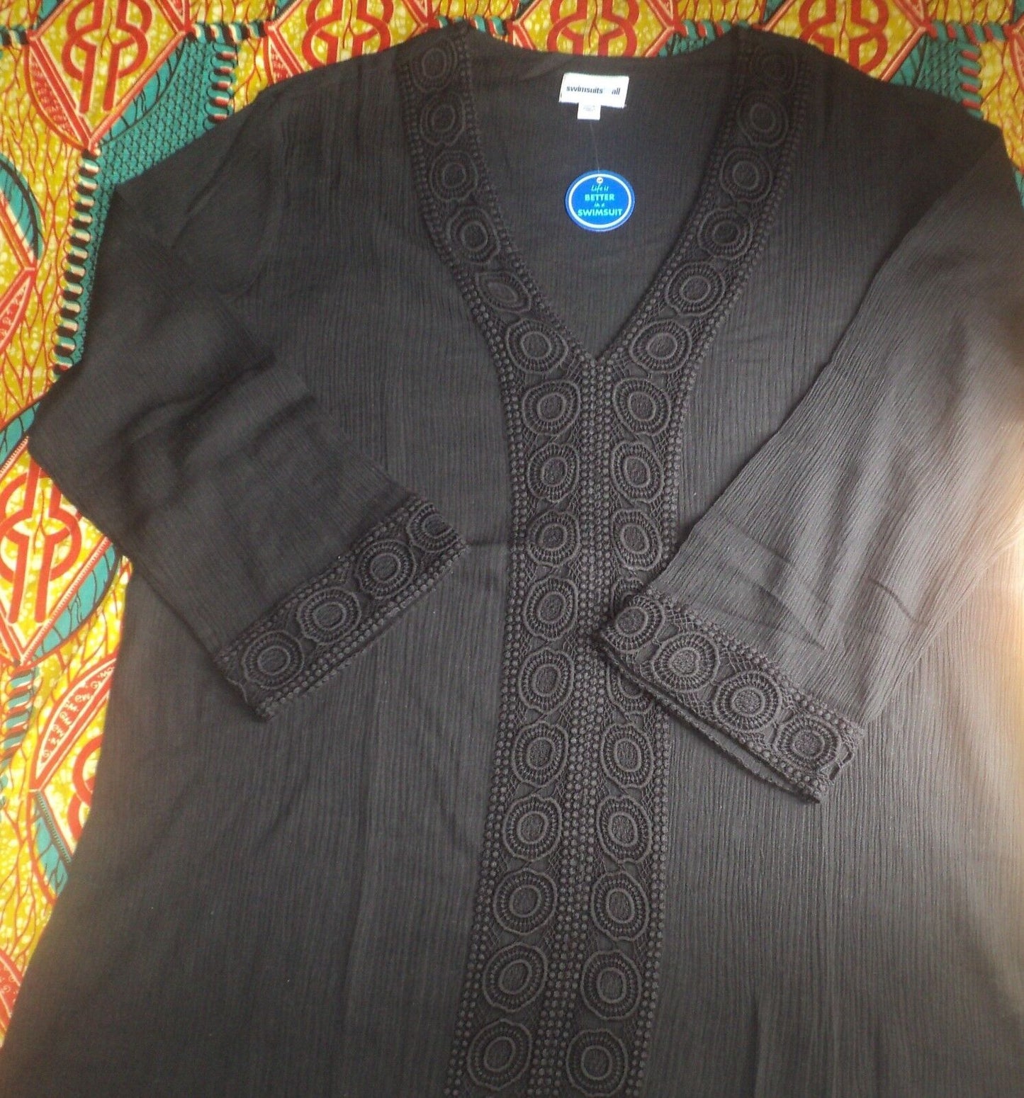 Plus Size Black Long Sleeves Crochet-Trimmed Gauze Swim Cover-up Size 38/40