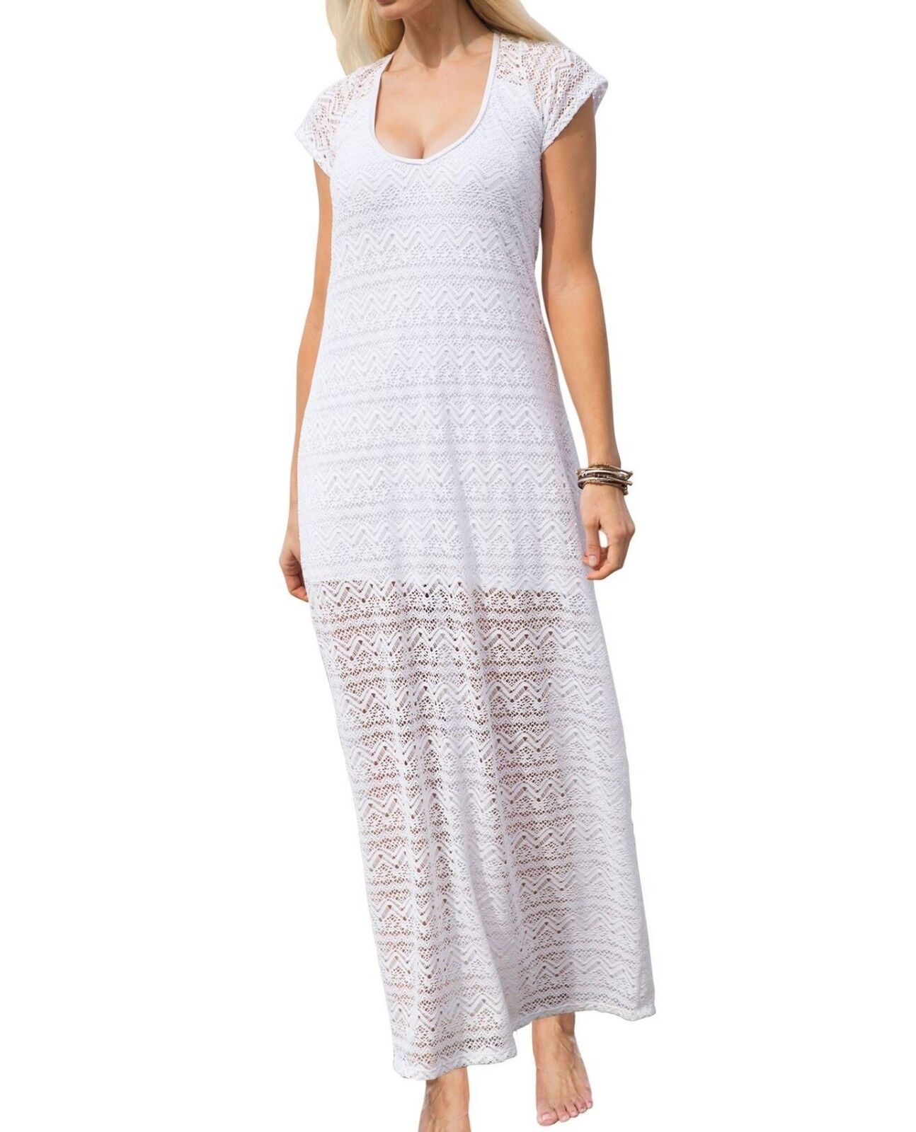 Jessica London Plus Size White Long Cap-Sleeves Lace Maxi Cover-up Size 22