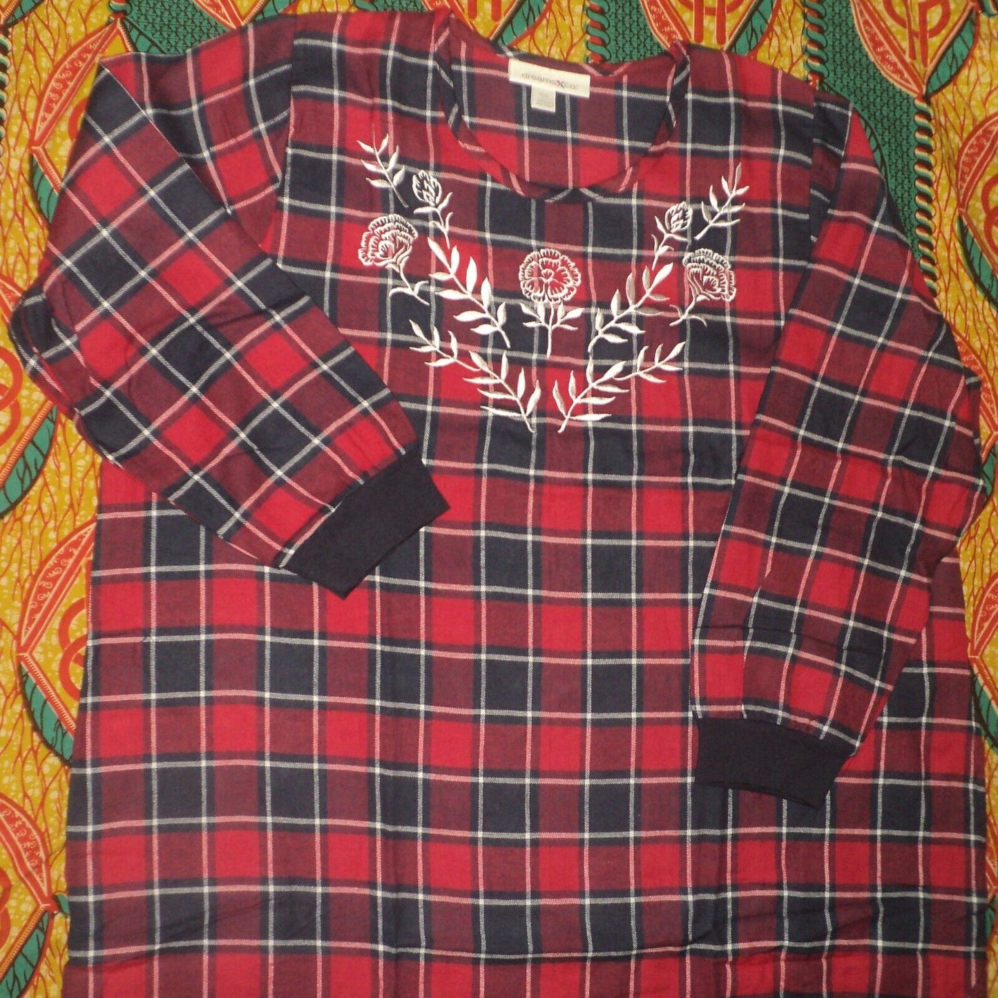 Dreams & Co. Plus Size Navy Plaid Embroidered Cotton Flannel Lounger Sz L(18/20)