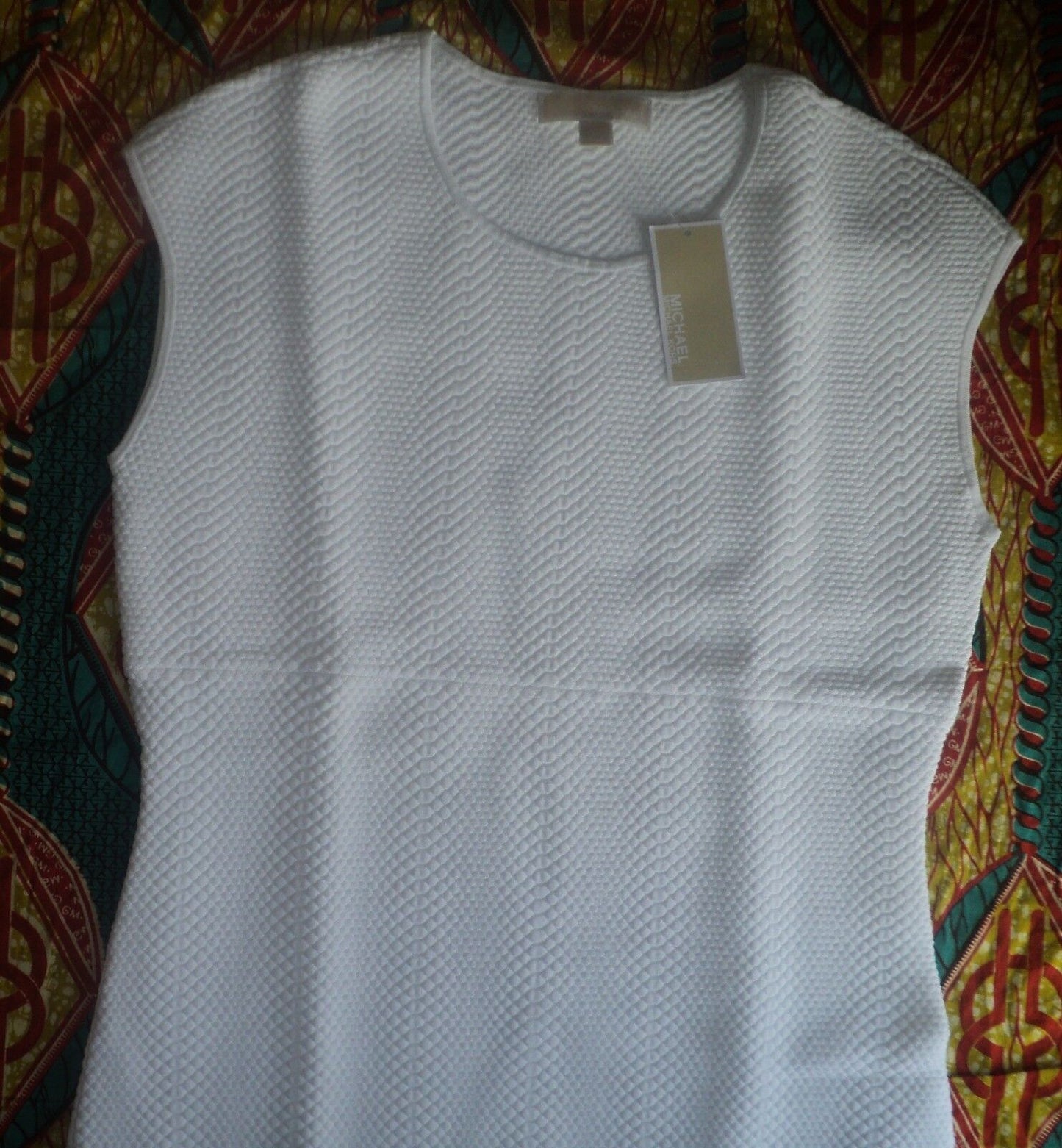 MICHAEL Michael Kors White Jacquard Sweater Cap Sleeves Dress Size L