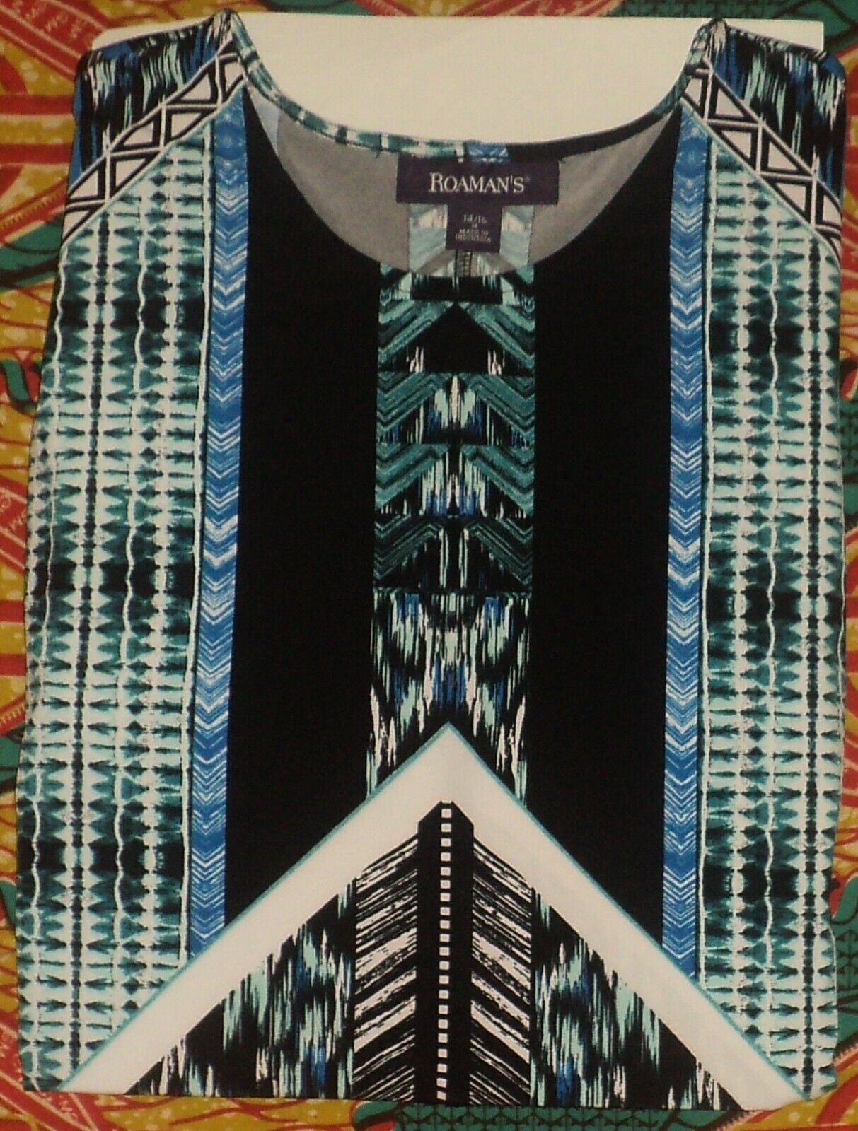 Roaman's Plus Size Teal Graphic Print Knit Sleeveless Dress Size 2X(26/28)