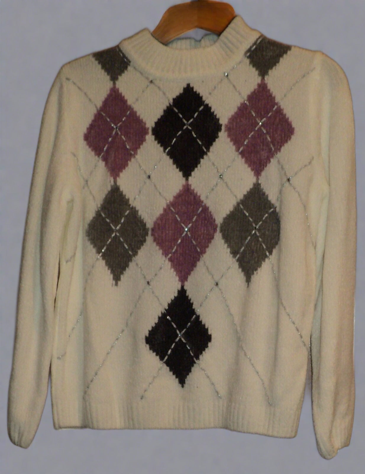 Alfred Dunner Glacier Lake Ivory Long Sleeves Argyle Chenille Sweater Size PL