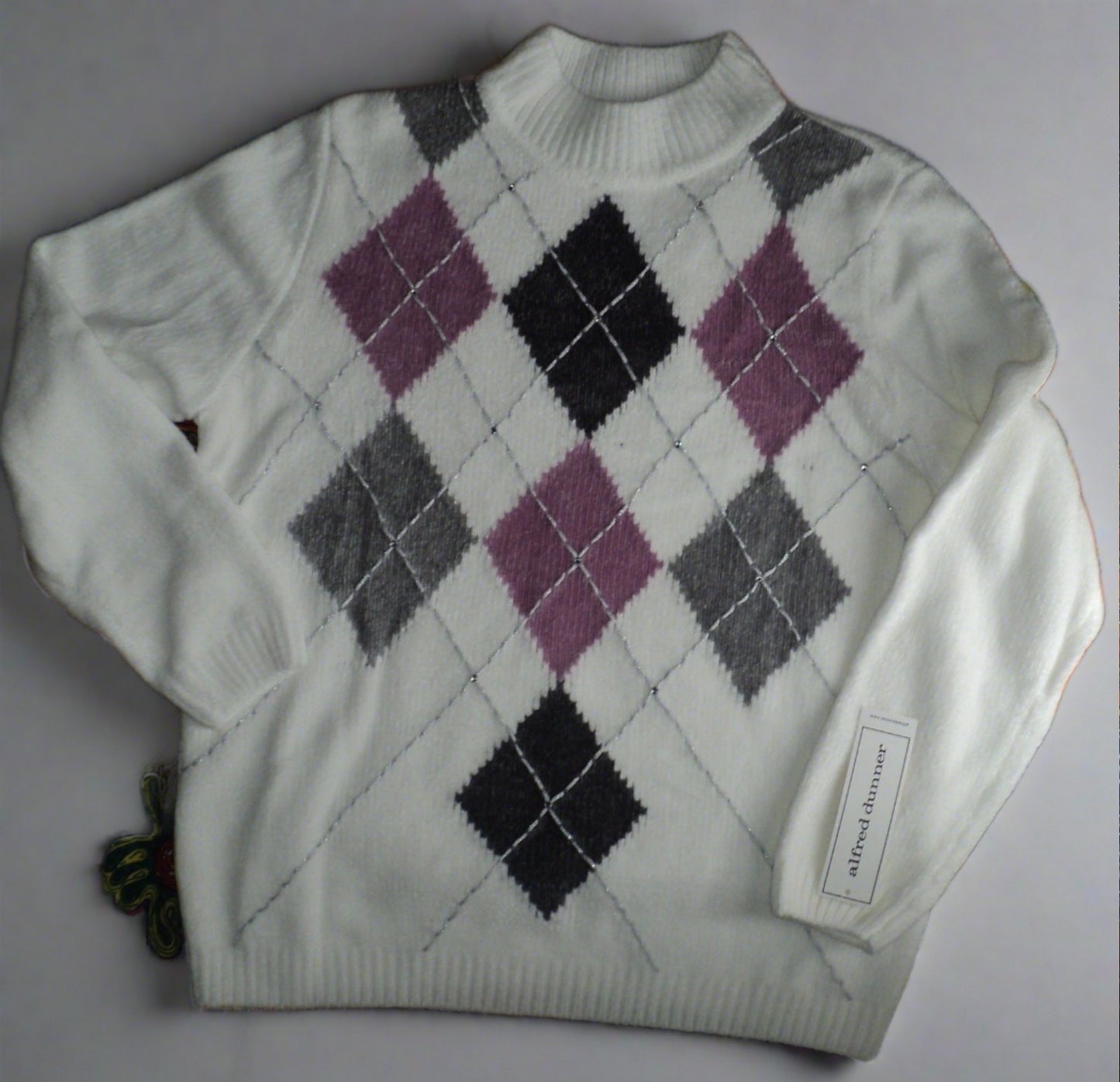 Alfred Dunner Glacier Lake Ivory Long Sleeves Argyle Chenille Sweater Size PL