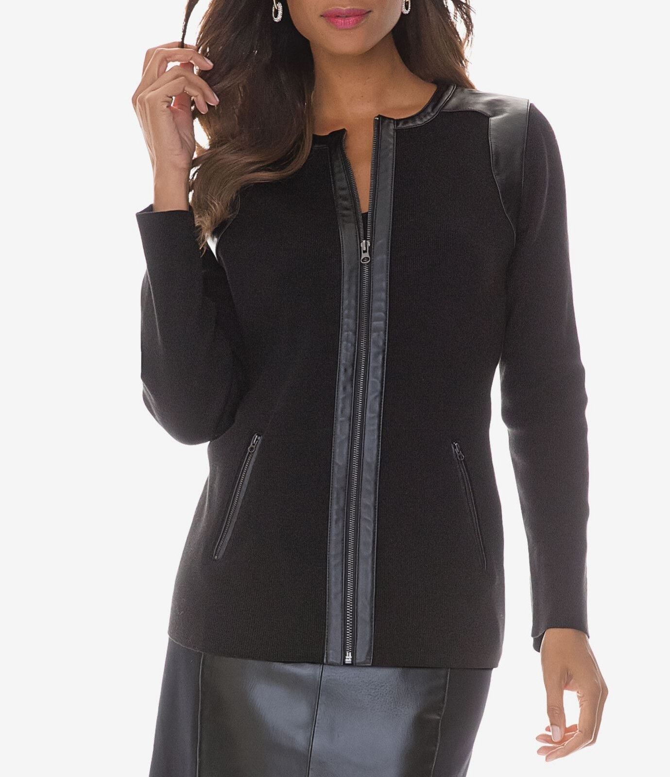 Jessica London Plus Size Black Long Sleeve Leather-Trim Cardigan Size 22/24