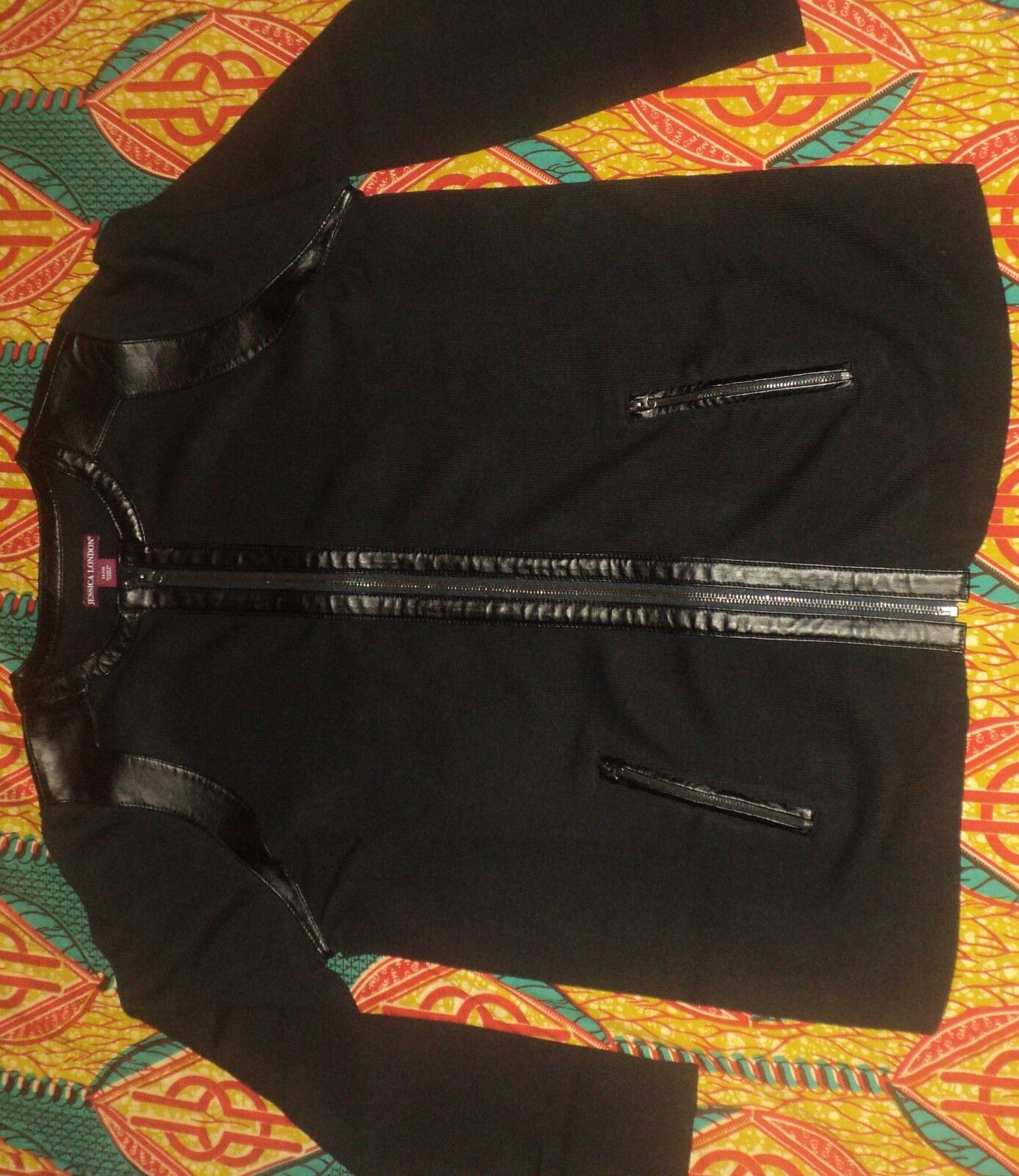 Jessica London Plus Size Black Long Sleeve Leather-Trim Cardigan Size 22/24