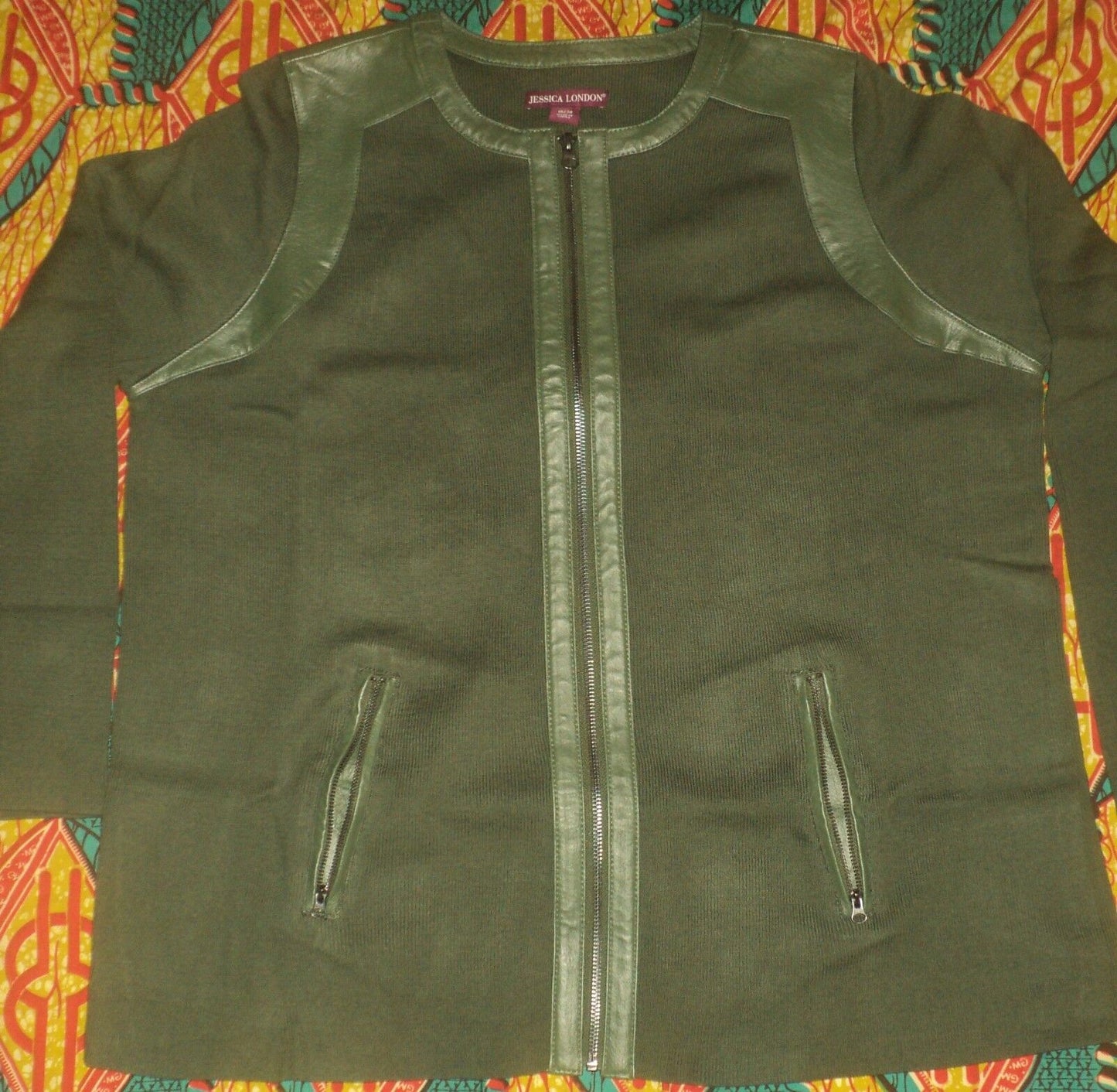 Jessica London Plus Size Forest Green Long Sleeve Leather-Trim Cardigan Sz 22/24