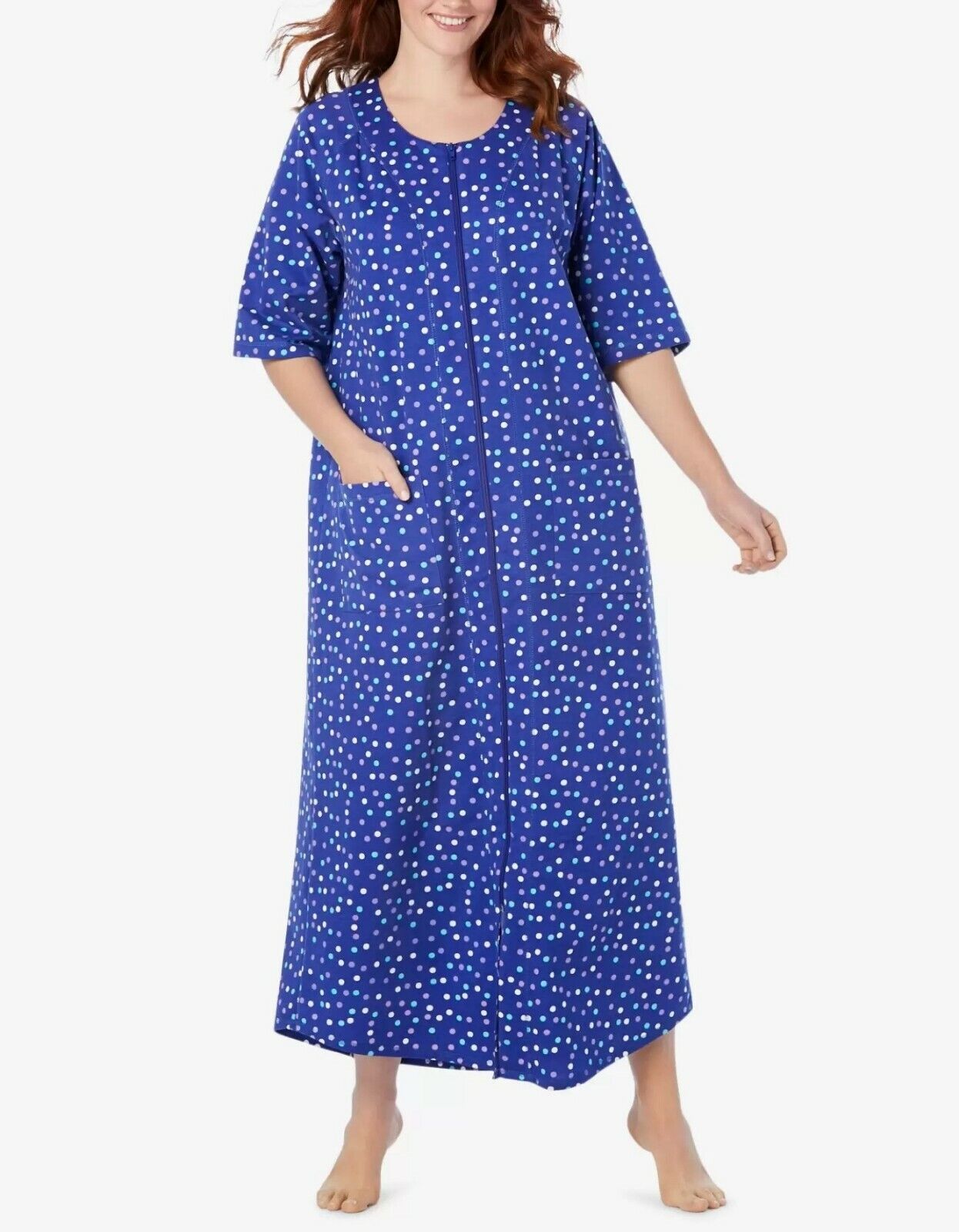 Dreams & Co. Plus Size Ultra Blue Multi Short Sleeves Long Zip-Front Robe Sz 6X
