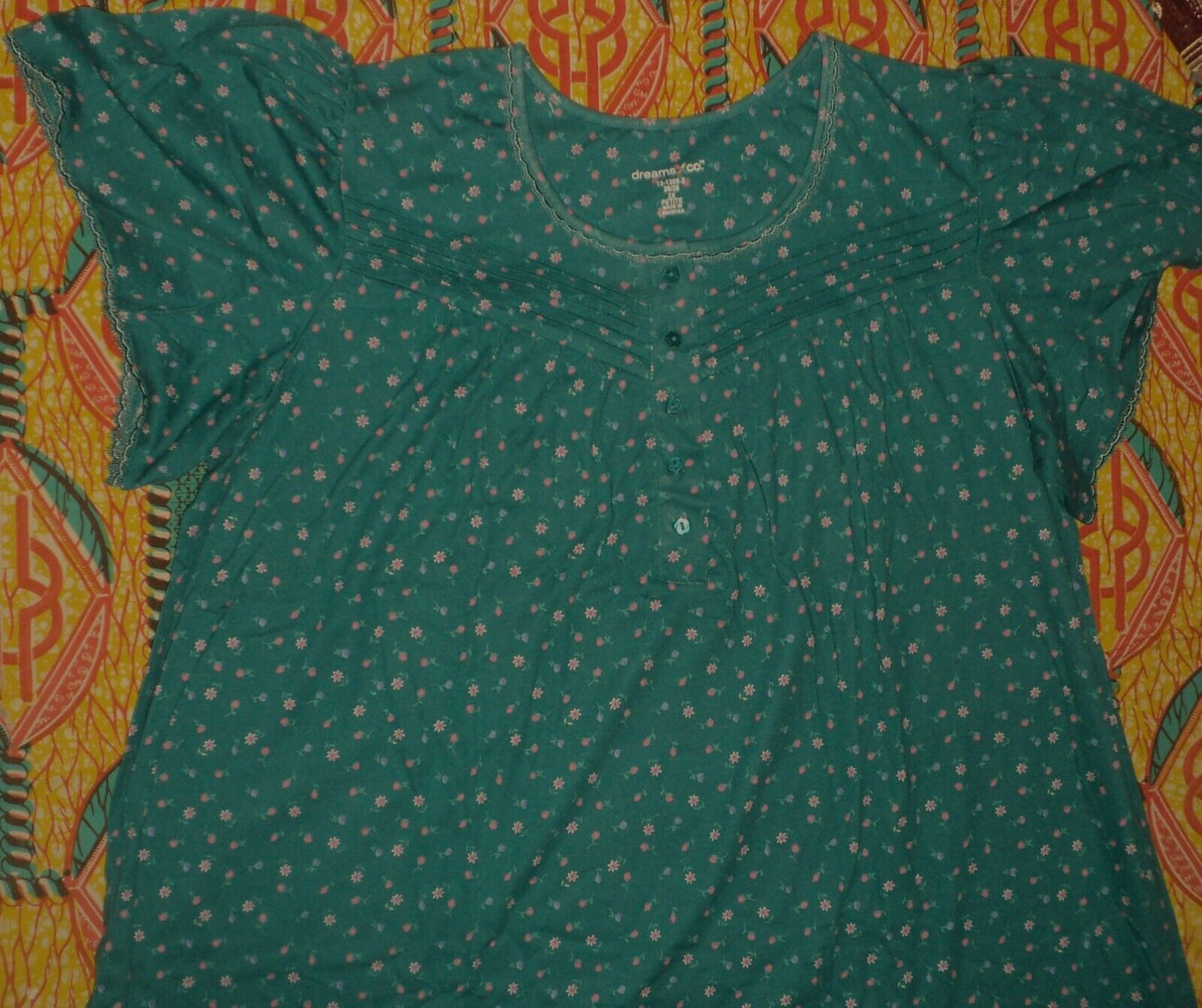Dreams & Co. Plus Size Deep Teal Ditsy Long Cotton Knit Nightgown Size 5X(38/40)
