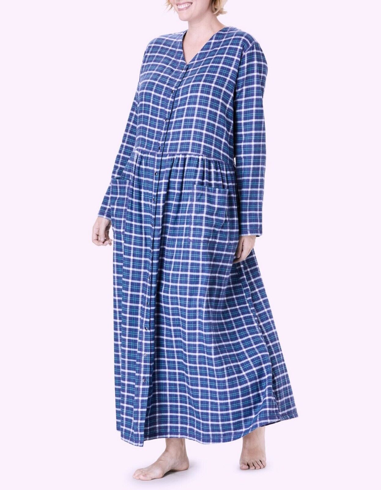 Only Necessities Plus Size Blue Sapphire Plaid Flannel Snap-Front Lounger Sz 3X
