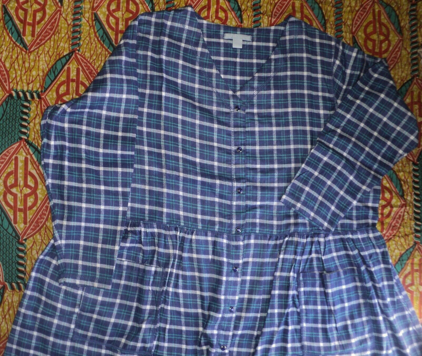 Only Necessities Plus Size Blue Sapphire Plaid Flannel Snap-Front Lounger Sz 3X