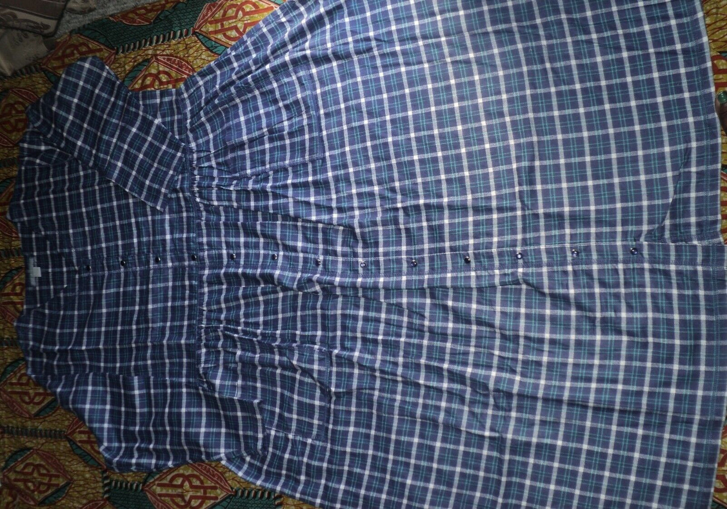 Only Necessities Plus Size Blue Sapphire Plaid Flannel Snap-Front Lounger Sz 3X