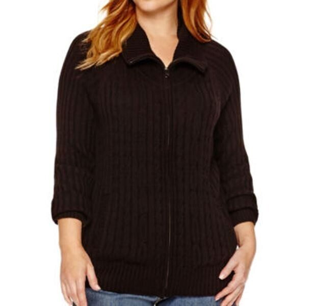 St. John's Bay Plus Size Black Long Sleeves Zip Cable Cardigan Size 1X