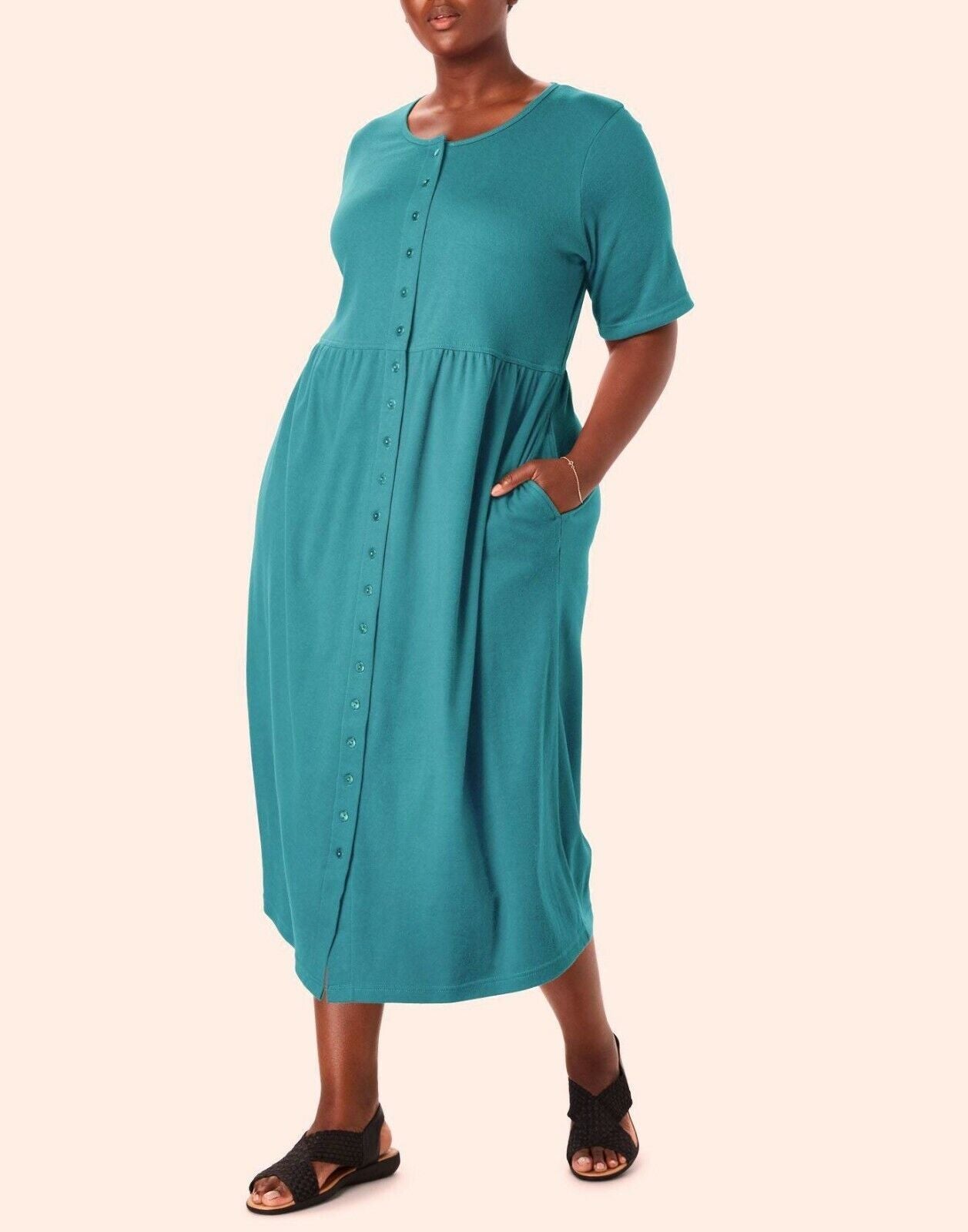 Woman Within Plus Size Laguna Blue Button Front Empire Waist Dress