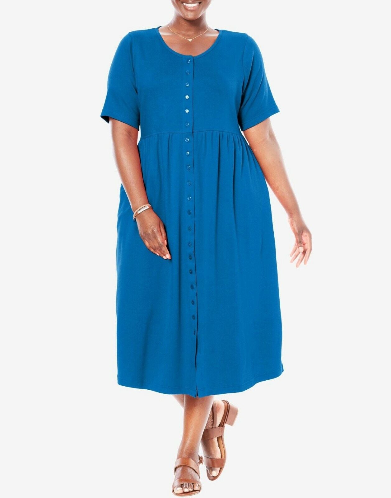 Woman Within Plus Size Bright Cobalt Button Front Empire Waist Dress