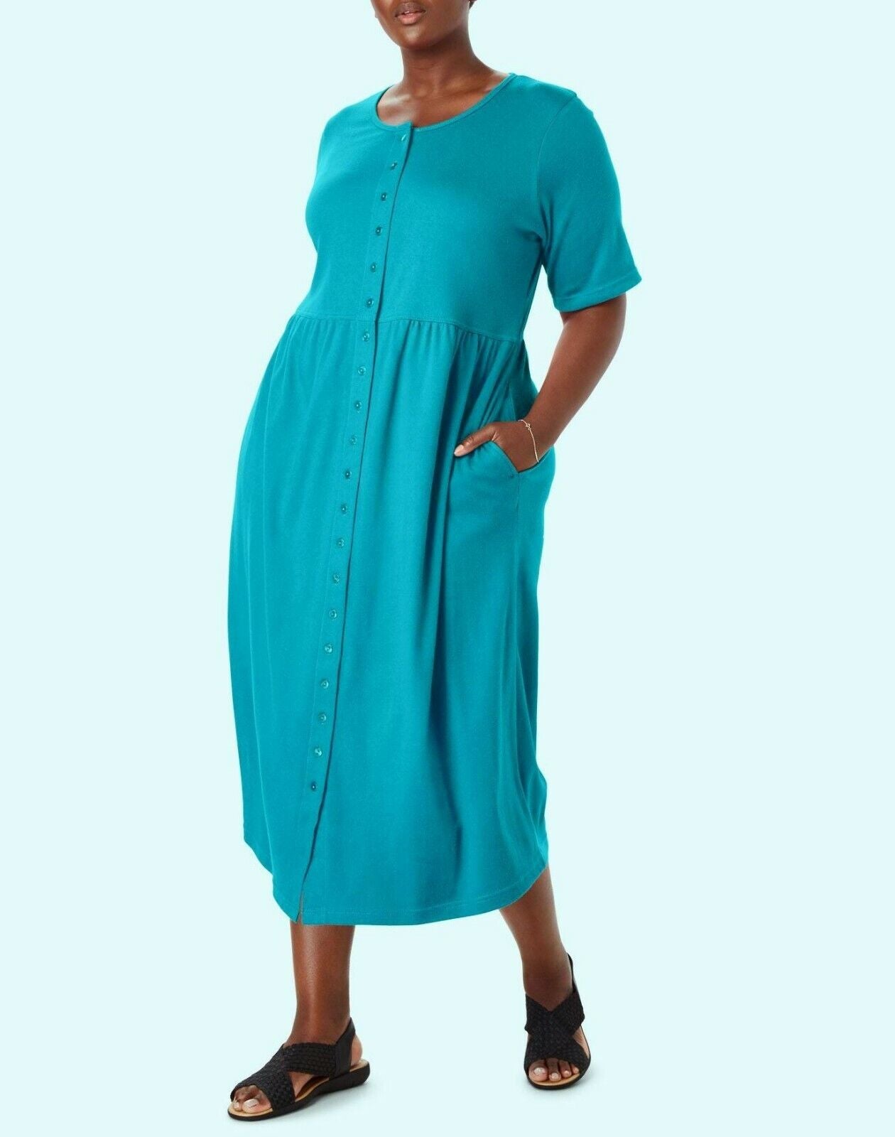 Woman Within Plus Size Laguna Blue Button Front Empire Waist Dress