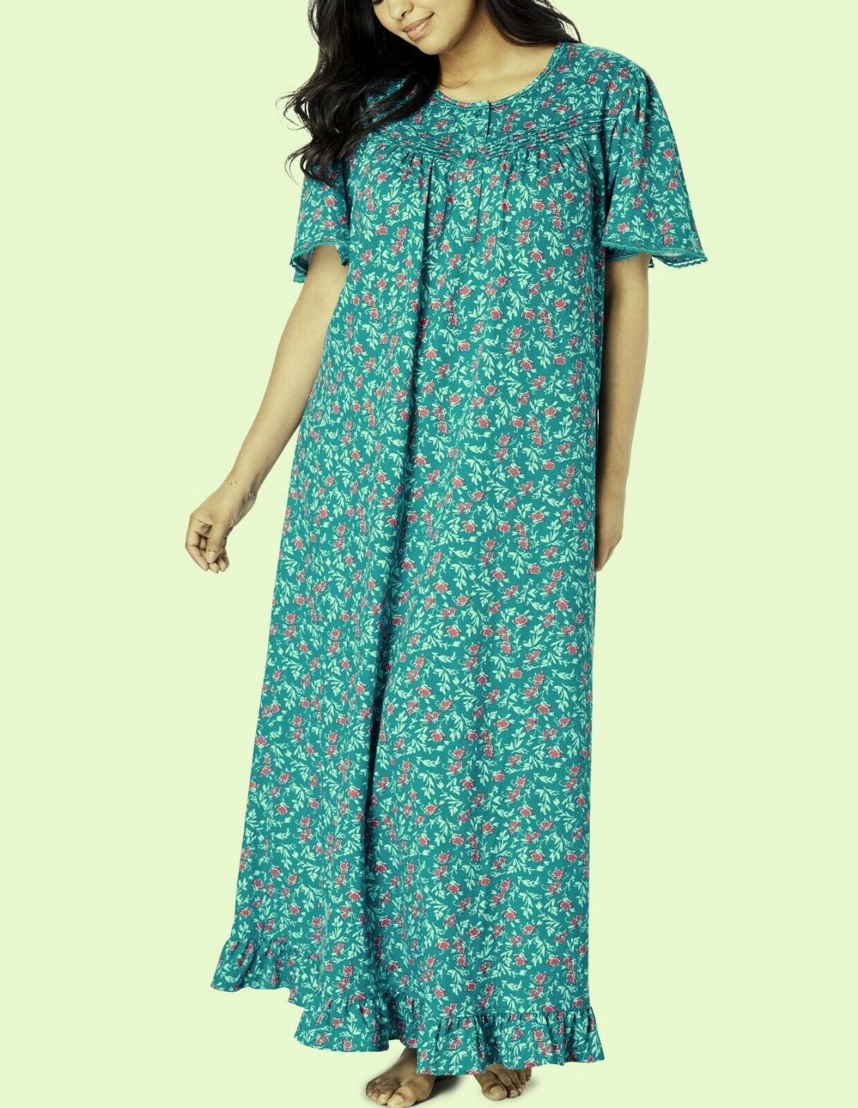 Dreams & Co. Plus Size Deep Teal Floral Long Cotton Knit Nightgown Sz 5X(38/40)