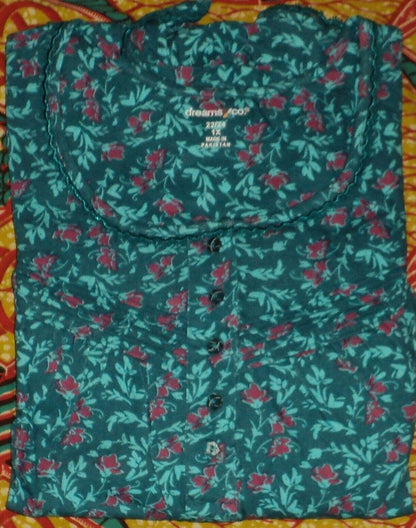 Dreams & Co. Plus Size Deep Teal Floral Long Cotton Knit Nightgown Sz 5X(38/40)