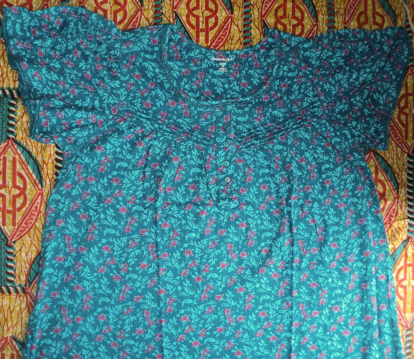 Dreams & Co. Plus Size Deep Teal Floral Long Cotton Knit Nightgown Sz 5X(38/40)