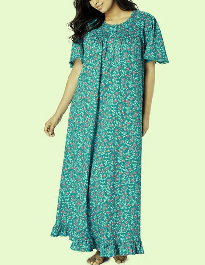 Dreams & Co. Plus Size Deep Teal Floral Long Cotton Knit Nightgown Sz 6X(42/44)