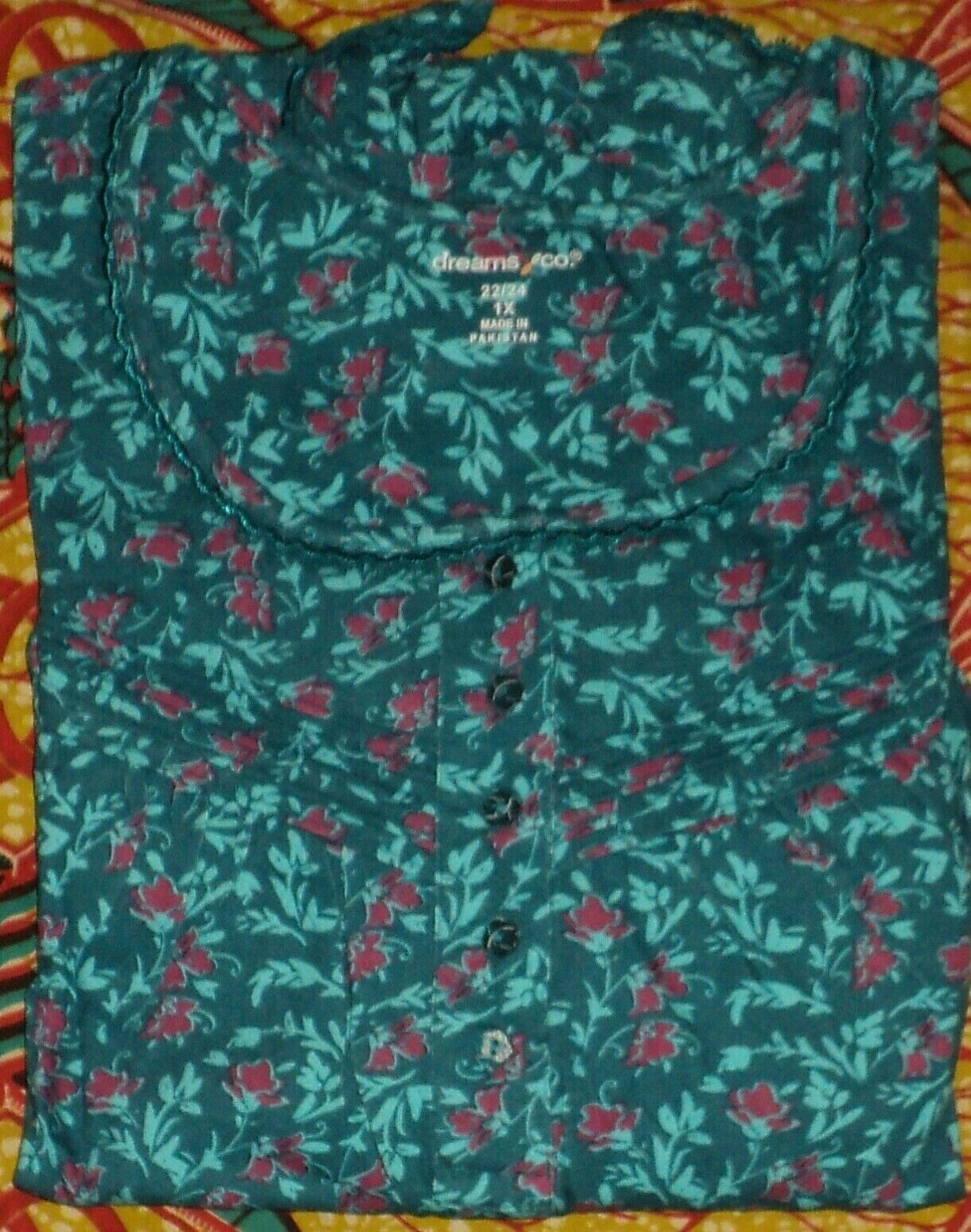 Dreams & Co. Plus Size Deep Teal Floral Long Cotton Knit Nightgown Sz 6X(42/44)