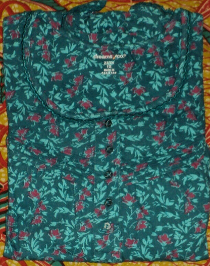 Dreams & Co. Plus Size Deep Teal Floral Long Cotton Knit Nightgown Sz 6X(42/44)