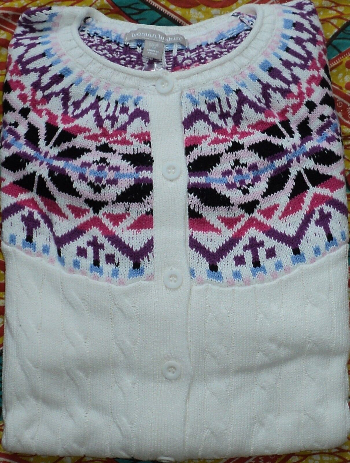 Woman Within Plus Size Ivory Cable Knit Fair Isle Cardigan Sweater 1X(22/24)