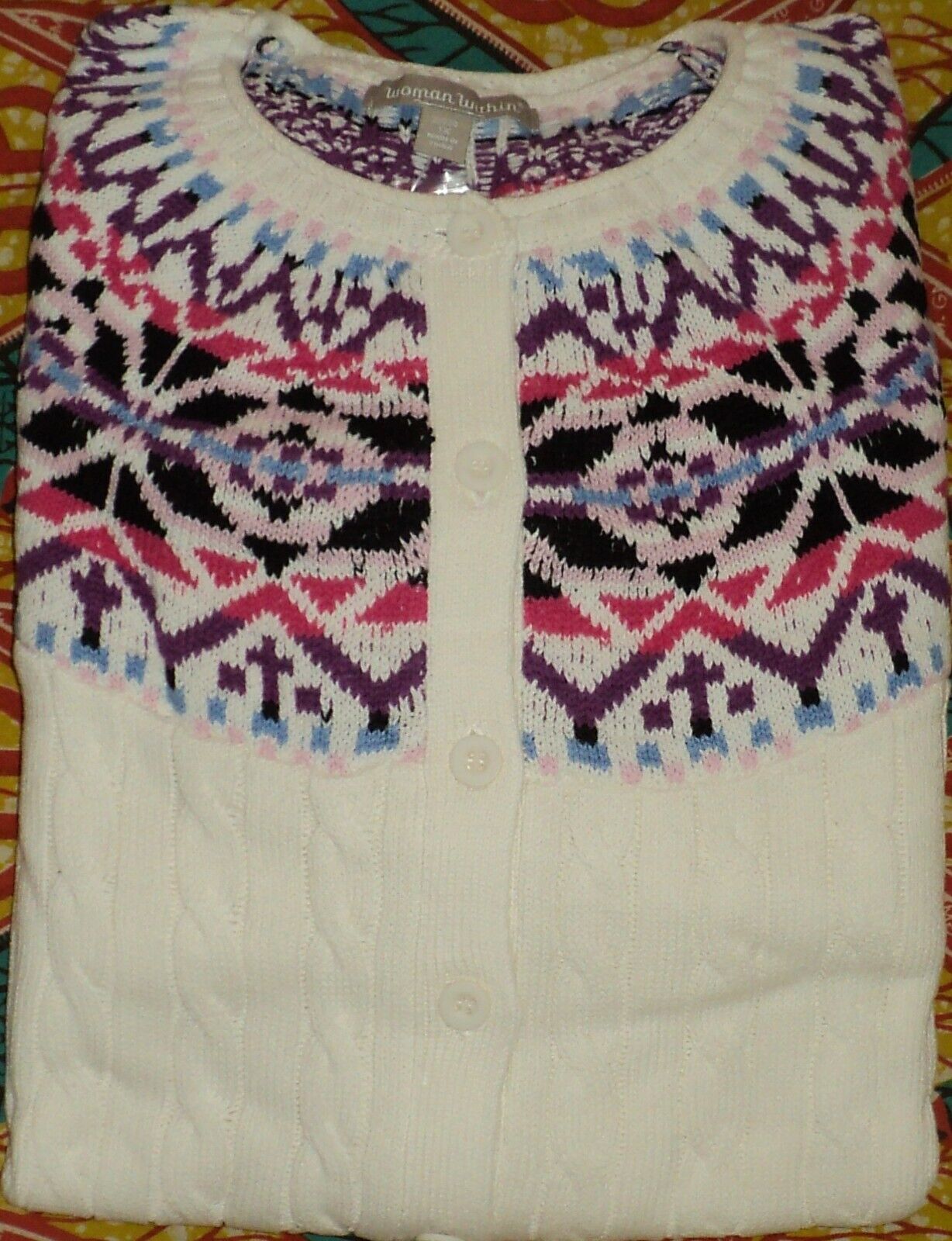Woman Within Plus Size Ivory Cable Knit Fair Isle Cardigan Sweater 1X(22/24)