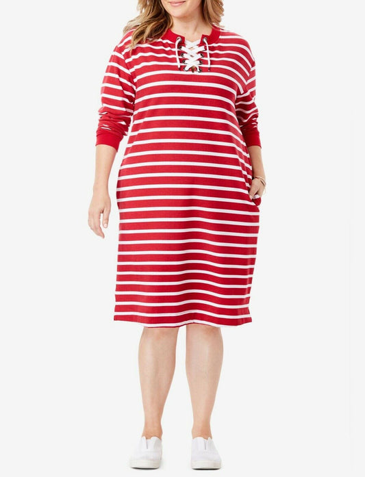 Woman Within Plus Size Vivid Red White Stripe Lace-Up Front Fleece Dress Size L