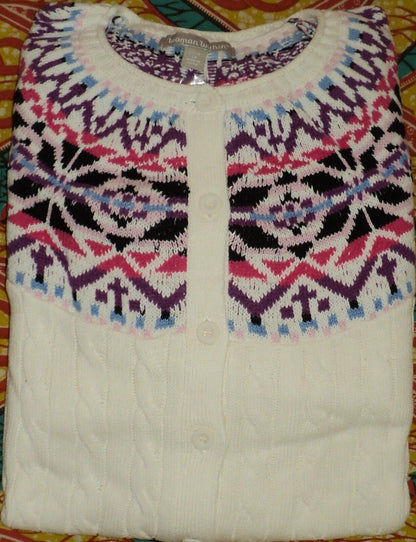 Woman Within Plus Size Ivory Cable Knit Fair Isle Cardigan Sweater 3X(30/32)