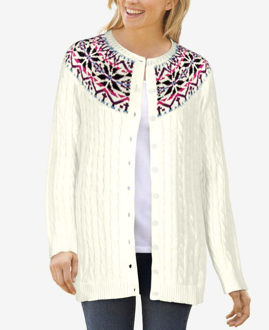 Woman Within Plus Size Ivory Cable Knit Fair Isle Cardigan Sweater 5X(38/40)