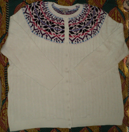 Woman Within Plus Size Ivory Cable Knit Fair Isle Cardigan Sweater 5X(38/40)
