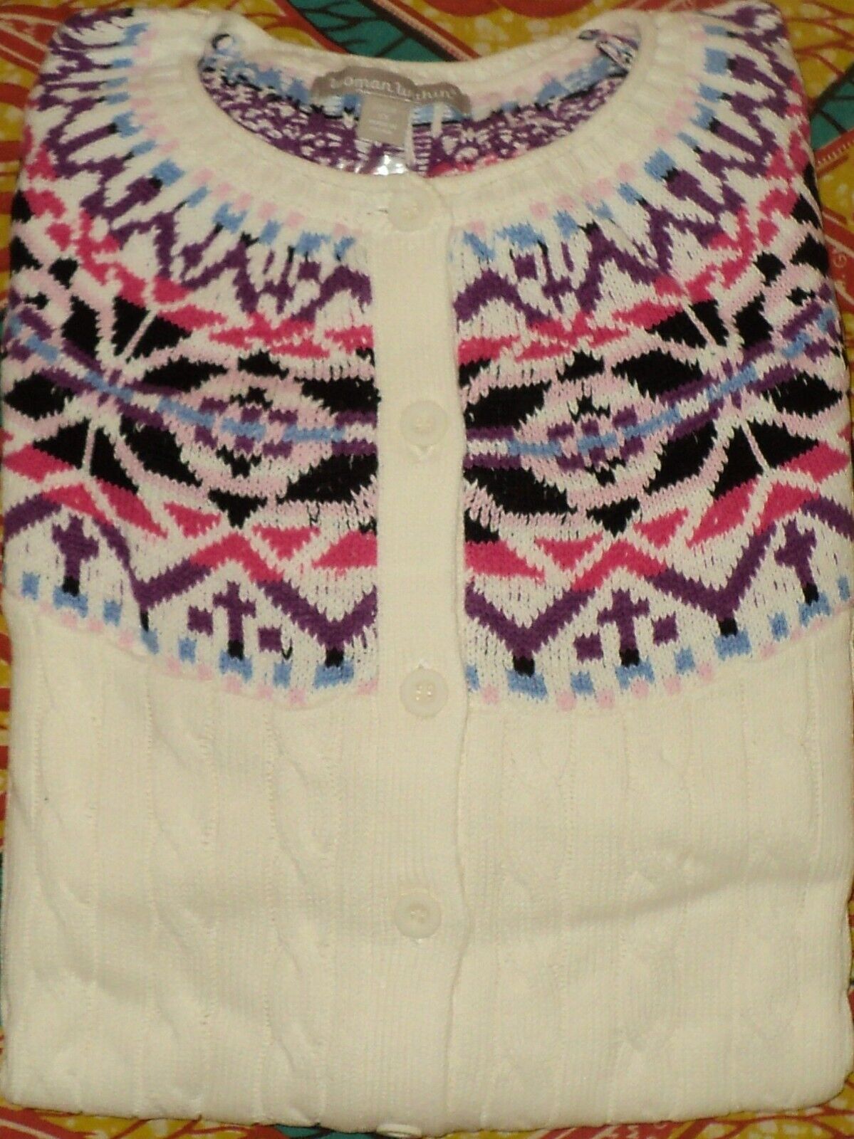 Woman Within Plus Size Ivory Cable Knit Fair Isle Cardigan Sweater 5X(38/40)