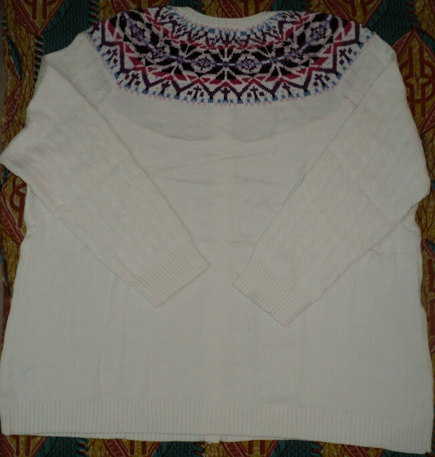 Woman Within Plus Size Ivory Cable Knit Fair Isle Cardigan Sweater 5X(38/40)