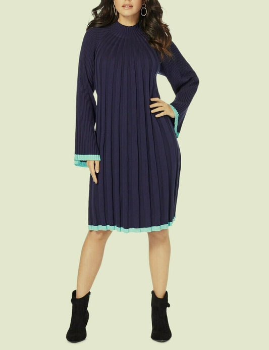 Roaman’s Plus Size Navy Soft Turquois Swing Sweater Dress Size 2X(26/28)