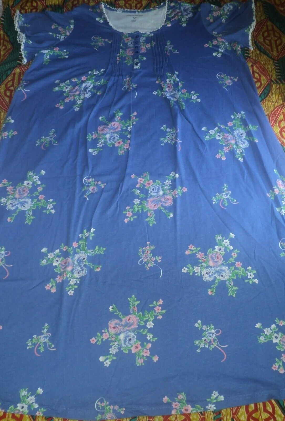 Only Necessities Plus Size Periwinkle Floral Long Pintucked Knit Nightgown Sz 4X