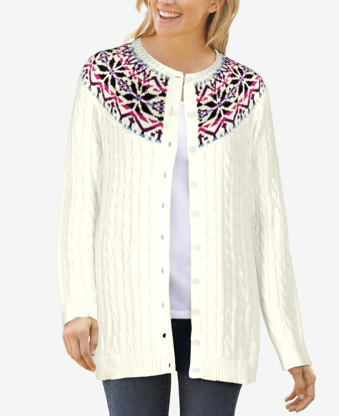 Woman Within Plus Size Ivory Cable Knit Fair Isle Cardigan Sweater 4X(34/36)