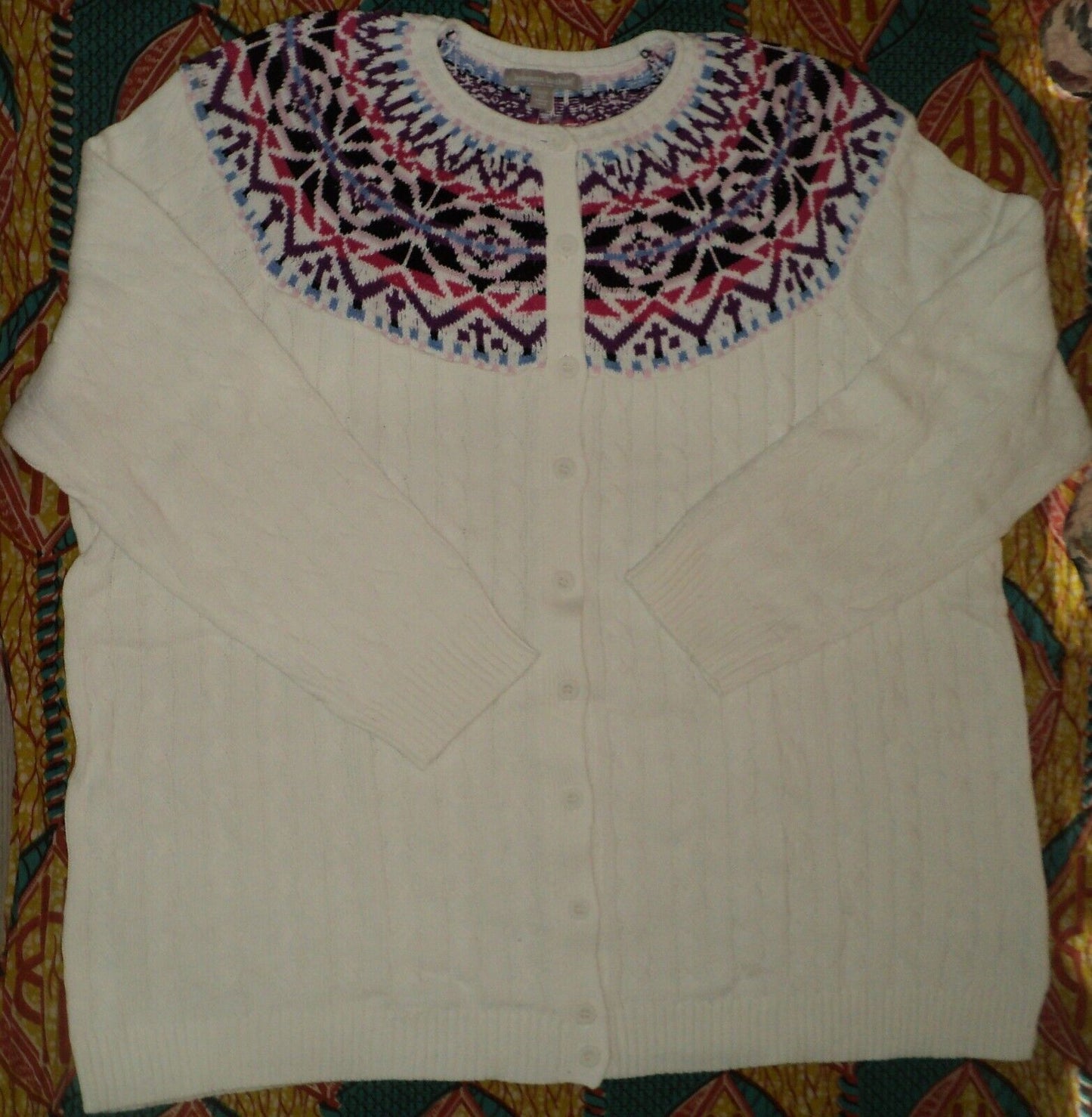 Woman Within Plus Size Ivory Cable Knit Fair Isle Cardigan Sweater 4X(34/36)