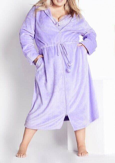 Avenue Plus Size Lavender Zip Front Plain Hooded Robe Size 18/20