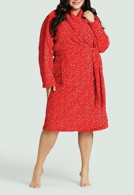 Avenue Plus Size Red Love Heart Printed Long Sleeves Plush Robe Size 30/32