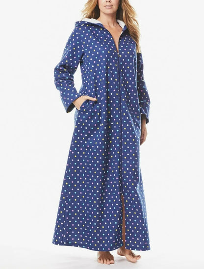 Dreams & Co. Plus Size Evening Blue Multi Dot Long Fleece Hoodie Robe Size 3X