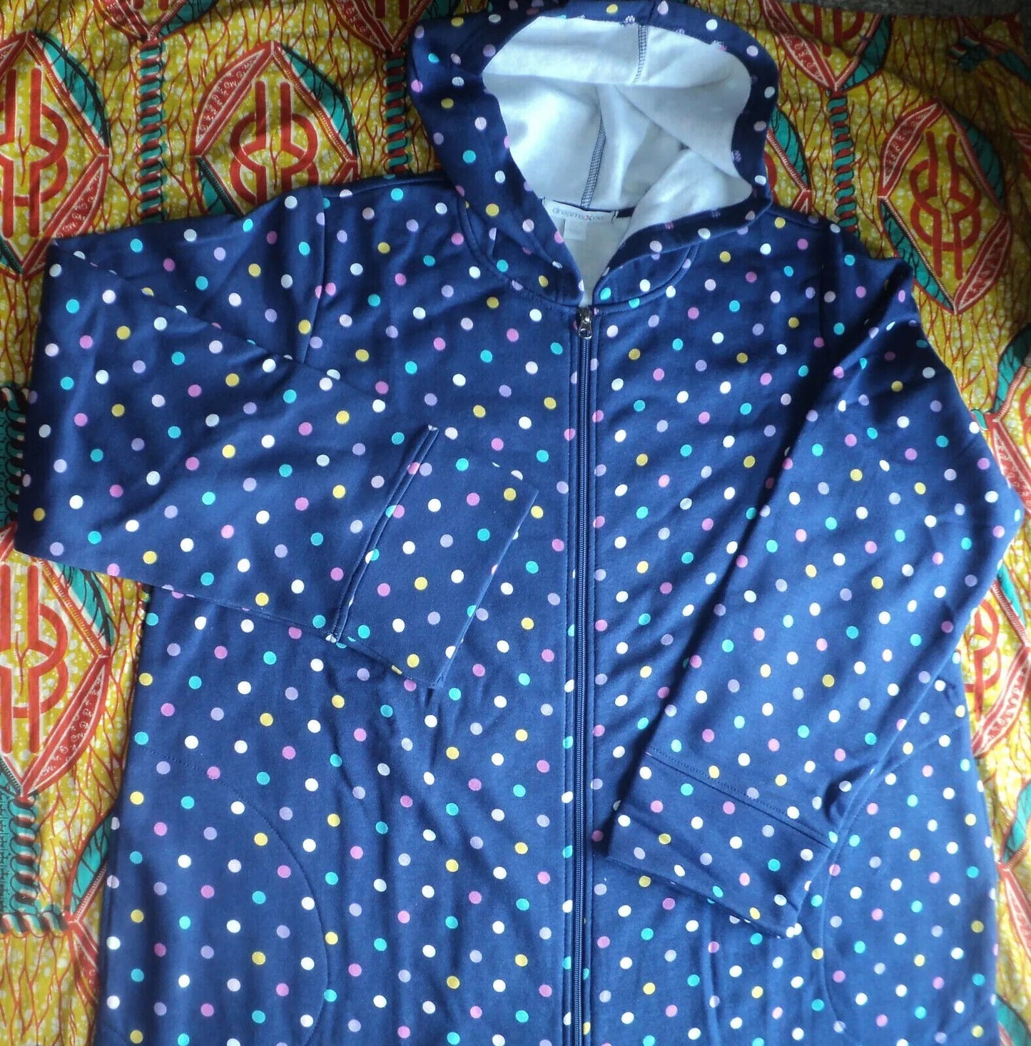 Dreams & Co. Plus Size Evening Blue Multi Dot Long Fleece Hoodie Robe Size 3X