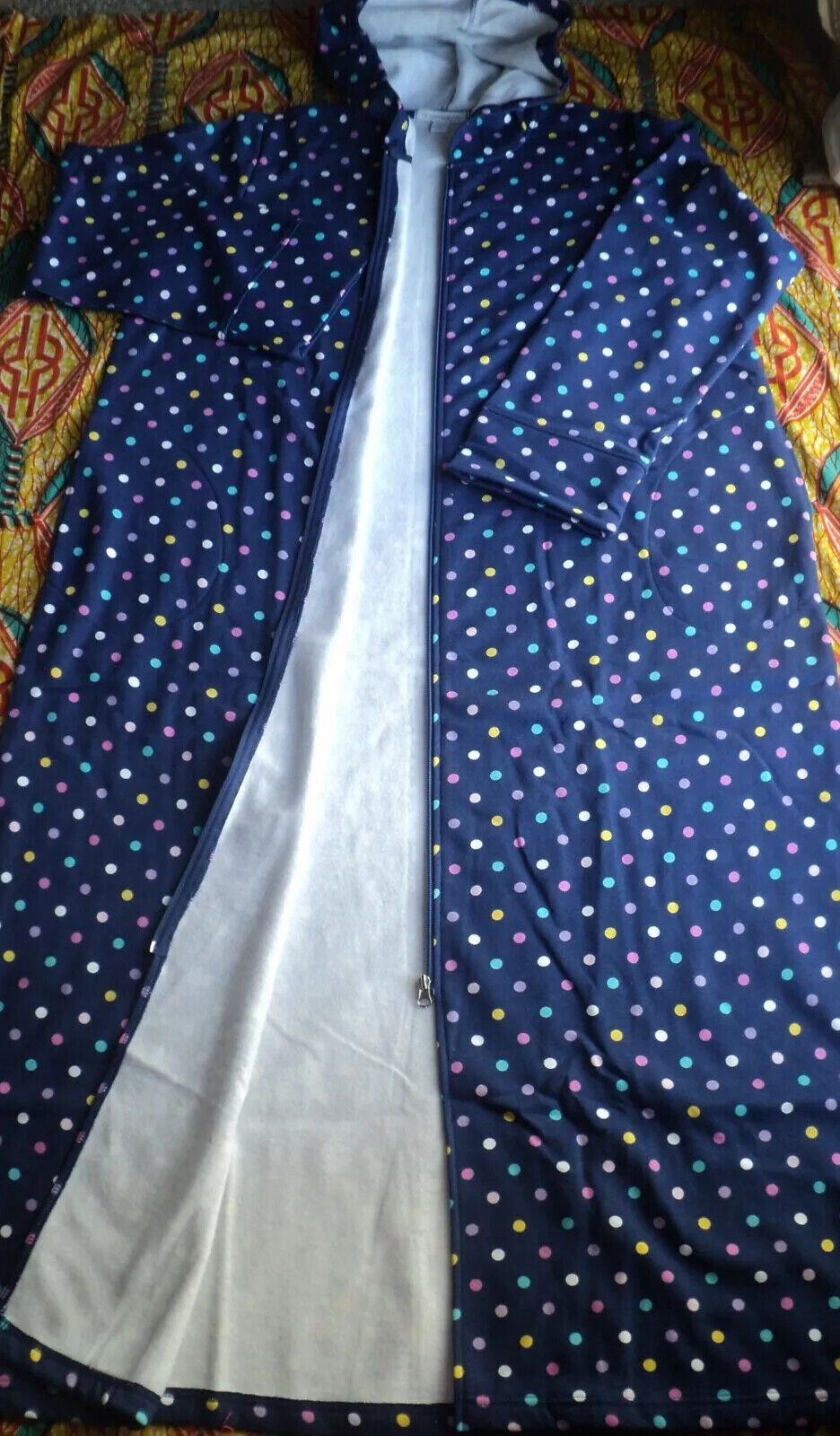 Dreams & Co. Plus Size Evening Blue Multi Dot Long Fleece Hoodie Robe Size 3X