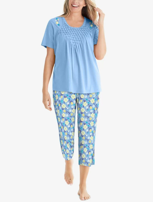 Only Necessities Plus Size Sky Blue Tulip Smocked Capri Pajamas Set Size 1X