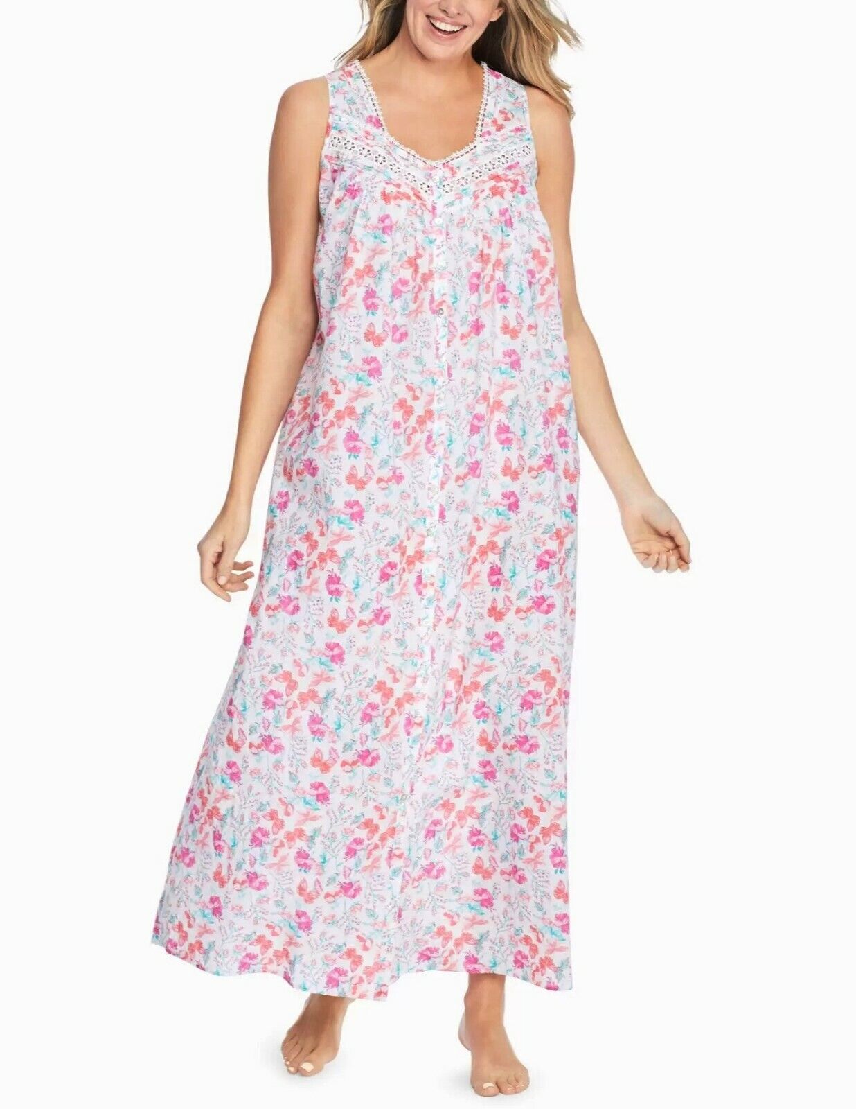 Dreams & Co. Plus Size White Wildflowers Long Sleeveless Floral Nightgown Sz 1X