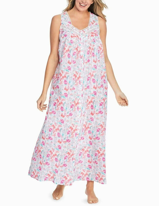 Dreams & Co. Plus Size White Wildflowers Long Sleeveless Floral Nightgown Sz 3X